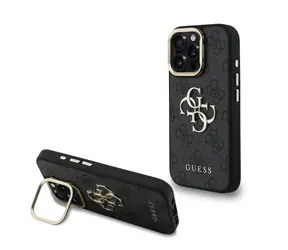 Guess PU 4G Metal Logo Stand Camera Frame Zadní Kryt pro iPhone 16 Pro Black