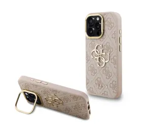 Guess PU 4G Metal Logo Stand Camera Frame Zadní Kryt pro iPhone 16 Pro Pink