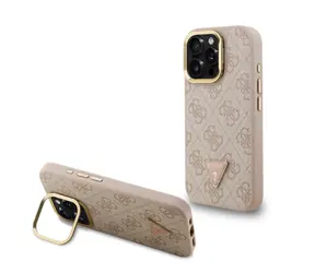 Guess PU 4G Strass Triangle Logo Stand Camera Frame MagSafe Zadní Kryt pro iPhone 15 Pro Max Pink