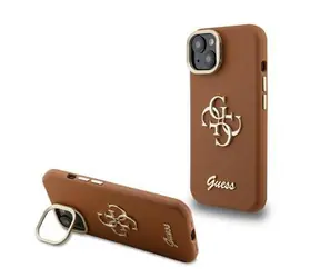 Guess PU Grained 4G Logo Stand Camera Frame Zadní Kryt pro iPhone 15 Brown