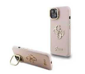 Guess PU Grained 4G Logo Stand Camera Frame Zadní Kryt pro iPhone 15 Pink