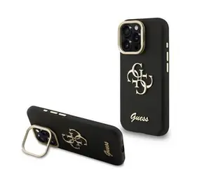 Guess PU Grained 4G Logo Stand Camera Frame Zadní Kryt pro iPhone 16 Pro Black