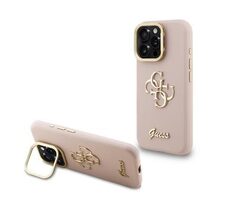 Guess PU Grained 4G Logo Stand Camera Frame Zadní Kryt pro iPhone 16 Pro Pink