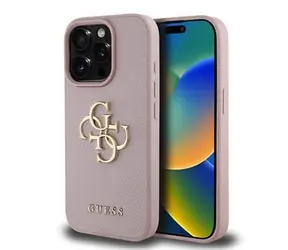 Guess PU Grained 4G Metal Logo Zadní Kryt pro iPhone 15 Pro Max Pink