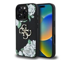 Guess PU Grained Roses 4G Metal Logo Zadní Kryt pro iPhone 16 Pro Black