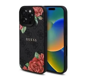 Guess PU Leather 4G Roses MagSafe Zadní Kryt pro iPhone 16 Pro Black