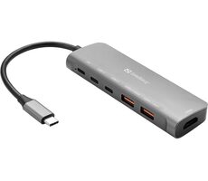 Sandberg USB-C dokovací stanice šedá / HDMI + 2x USB-A + 2 x USB-C + PD (100W)
