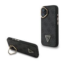 Guess PU 4G Strass Triangle Logo Stand Camera Frame MagSafe Zadní Kryt pro iPhone 16 Black