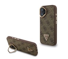 Guess PU 4G Strass Triangle Logo Stand Camera Frame MagSafe Zadní Kryt pro iPhone 16 Brown