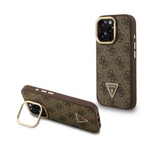 Guess PU 4G Strass Triangle Logo Stand Camera Frame MagSafe Zadní Kryt pro iPhone 16 Pro Brown
