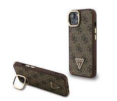 Guess PU 4G Strass Triangle Logo Stand Camera Frame MagSafe Zadní Kryt pro iPhone 13 Brown