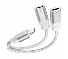 Rozbaleno - SWISSTEN TEXTILE Nabíjecí audio adaptér USB-C (M) - 2x USB-C (F) 0.12m bílá / rozbaleno
