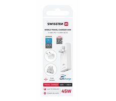 SWISSTEN Cestovní adaptér GaN USB-C + USB-A 45W (US/EU/UK) bílá