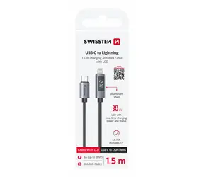 SWISSTEN Kabel USB-C na Lightning s LCD displejem 1.5m černá / 30W / Lightning (M) / USB-C (M)