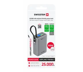 SWISSTEN 22013977 Cestovní powerbanka 25000 mAh s integrovaným USB-C kabelem 100W šedá