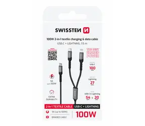 SWISSTEN Nabíjecí kabel 2v1 100W USB-C/USB-C + Lightning 1.5m černá