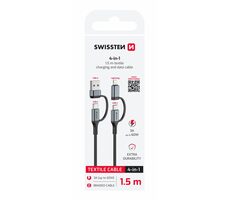 SWISSTEN Textilní datový kabel 4v1 60W USB-C/USB-A/Lightning 1.5m černá