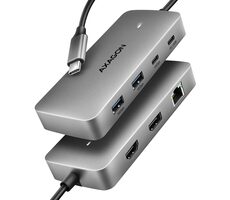 AXAGON HMC-CUB83X2, USB 10Gbps hub, 2x USB-A, USB-C, HDMI & DP 4k/144Hz, RJ-45 GLAN, PD 100W, kabel USB-C 15cm