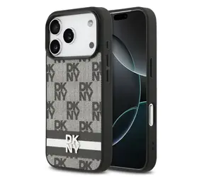 DKNY PU Leather Checkered Pattern and Stripe Zadní Kryt pro iPhone 17 Pro Black