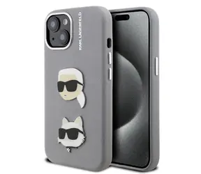 Karl Lagerfeld Grained PU K&CH Heads Zadní Kryt pro iPhone 15 Grey
