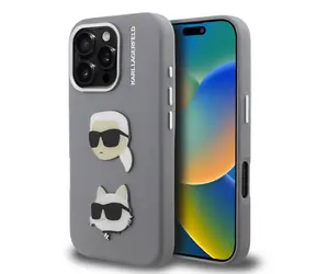 Karl Lagerfeld Grained PU K&CH Heads Zadní Kryt pro iPhone 16 Pro Grey