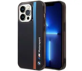 BMW Zadní kryt s trikolorními pruhy pro iPhone 14 Pro 6.1 černá