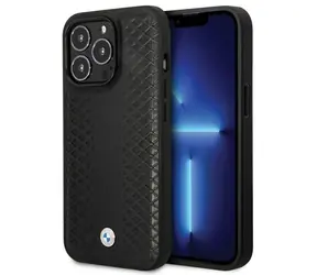 BMW Zadní kryt kožený s diamantovým vzorem pro iPhone 14 Pro černá