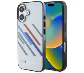 BMW Zadní kryt Motosport Random Stripes pro iPhone 16 Plus šedá