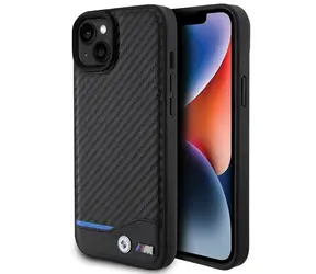 BMW Zadní kryt kožený karbonový pro iPhone 15 Plus černá