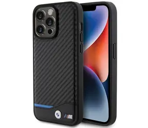 BMW Zadní kryt kožený karbonový pro iPhone 15 Pro Max černá