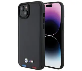 BMW Zadní kryt kožený razítkový Tricolor pro iPhone 15 Plus 6,7 černá