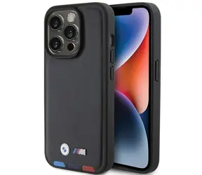 BMW Zadní kryt kožený razítkový Tricolor pro iPhone 15 Pro 6,1 černá