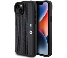 BMW Zadní kryt perforovaný Tricolor Line pro iPhone 15 Plus / 14 Plus černá