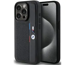 BMW Zadní kryt perforovaný Tricolor Line pro iPhone 15 Pro černá
