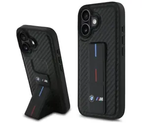 BMW Zadní kryt Grip Stand Smooth and Carbor pro iPhone 16 černá