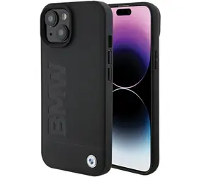BMW Zadní kryt kožený Hot Stamp pro iPhone 15 Plus černá