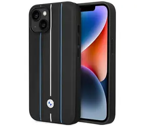 BMW Zadní kryt pevný kožený s modrými linkami pro iPhone 14 6,1 černá