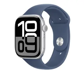 Apple Watch Series 10 GPS+Cellular 46mm Stříbrné hliníkové tělo - Denimový sportovní řemínek (S/M) / 130–180 mm