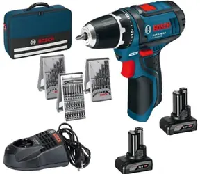 BOSCH GSR 12V-15 / Aku Vrtací šroubovák s příslušenstvím (39ks) / 12V / 2x4.0Ah / 10mm sklíčidlo / 1600 ot-min / 30 Nm