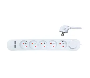 Solight prodlužovací přívod 5 zásuvek bílá / USB 2.4A / 3 x 1mm2 / vypínač / 3m