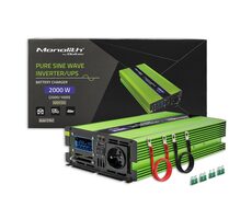 Qoltec 51942 Monolitový měnič napětí a nabiječka baterií / 1000W / 2000W / Vstup 12V / 1 x 230V / 1x USB / LCD