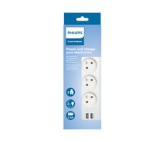 Philips SPN3032WA/60 bílá / Prodlužovací kabel / 3 zásuvky / 2 USB-A / 2m