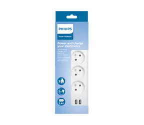 Philips SPN3032WA/60 bílá / Prodlužovací kabel / 3 zásuvky / 2 USB-A / 2m