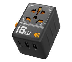 Tessan WTA-01 šedá / Cestovní adaptér / 2500W / EU & UK & AU & US / 2x USB-A / 1x USB-C
