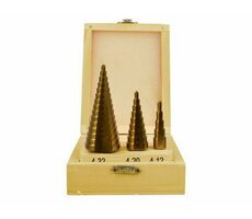 GEKO Vrtáky stupňovté sada 3ks / 4-12mm / 4-20mm / 4-32mm / dřevěná kazeta / TiN