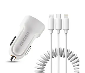 Dudao R7 nabíječka do auta / 2x USB / 2.4A / USB kabel 3v1 Lightning / micro USB / bílá