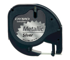 Dymo originální páska do tiskárny štítků 12mm x 4m (stříbrný podklad) / černý tisk / LetraTag metalická páska