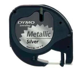 Dymo originální páska do tiskárny štítků 12mm x 4m (stříbrný podklad) / černý tisk / LetraTag metalická páska