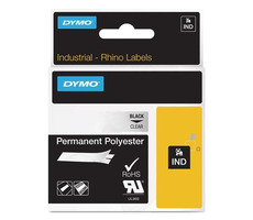 Dymo originální páska do tiskárny štítků 19mm x 5.5m (průhledný podklad) / černý tisk / RHINO permanentní polyesterová 
