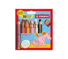 STABILO® woody 3 in 1 - Anniversary Edition - Jednorožec - 6 ks sada s ořezávátkem - 6 různých barev